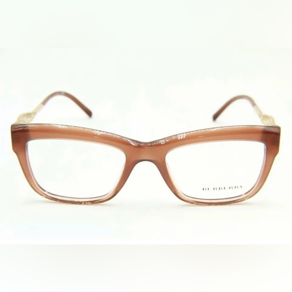 BURBERRY CARAMEL COLOR EYEGLASSES WITH GOLD METAL TEMPLES, CASE & CLEANI…